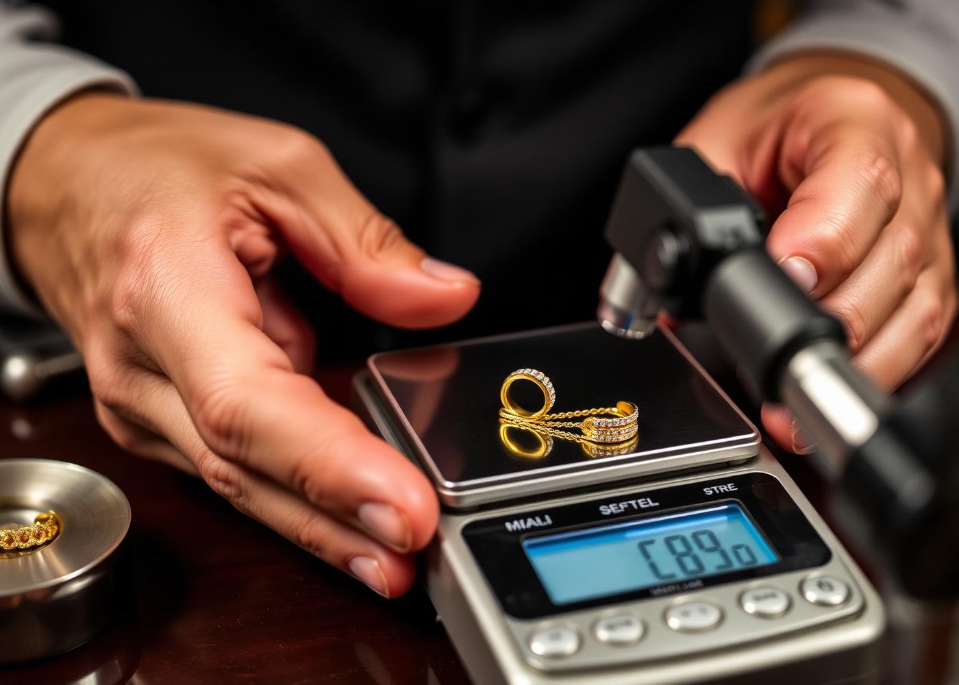 Gold jewelry being weighed during an evaluation at a North Miami pawn shop